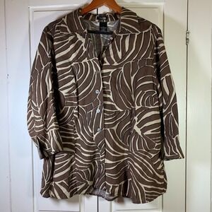 East 5th Woman Linen Blend Abstract Leaf Print Button Down Shirt 1X Resort Brown